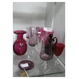 14pcs clear & cranberry glass: cordials, Saski