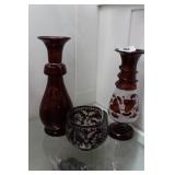 Three pcs cut to clear ruby:  ivy vase, animal