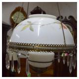 Antique pull down oil lamp, white glass w/