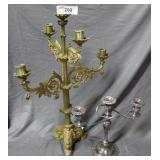 Four light brass candelabra & 3 light silverplate