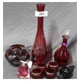 Cranberry etched vase, ruby stopper, decanter