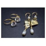 Two pairs 14kt gold earrings - cz & pearl kites