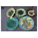 Five Majolica plates - one blue floral plate has