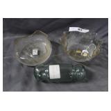 Pair hand blown ruffle top rose bowls & glass