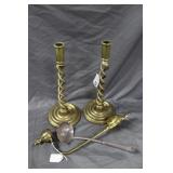 Pair bronze candlesticks, silver plate ladle, &