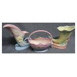 Three pcs Hull pottery: Cornucopia vase, Iris