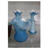 Three PCs blue blown  ruffle top cased glass
