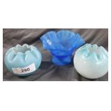 Three blue art glass pieces: ruffle top bowls, &
