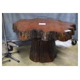 Cypress slab coffee table w/ stump base, resin