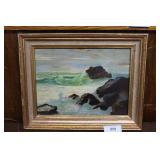 Rocky sea side painting on board signed GAL lower