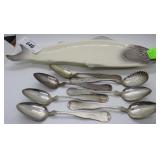 German Fish plate, & seven coin silver spoons