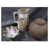 Early Asian pitcher, ruffle top footed bowl &