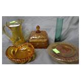 Five pcs amber glass: crackle glass pitcher,