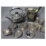 Silverplate collection: tea pot, vase, coasters,