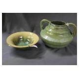 Two pcs Raft Fulper green pottery: 2 handled