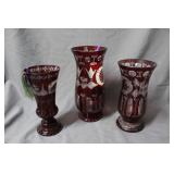 Three ruby cut to clear vases
