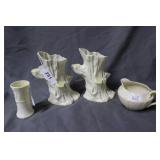 Four Belleek porcelain pcs - tree trucks, creamer
