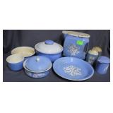 9 pcs Cameoware by Harper Pottery Co in blue &