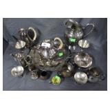 Sterling baby cup,  silver plate tea set, serving