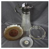 Cut glass silver plate top pitcher, Eagle bowl &