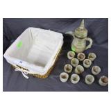 Polished stone tea set with 12 glasses in basket