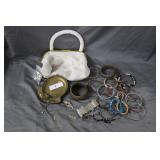 Horse brass pocket change, beaded purse & costume