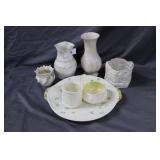 Nine PCs Beleek - shell vase, geometric vase,