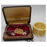 Bone carved napkin ring, & Marsh boxed cuff links