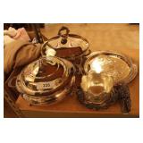 6pcs silver-plate: warmers, lion head bowl, tray &