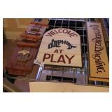 Four wood signs: Beer, dolphins & bellyaching