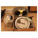 Outdoor lot: galv. Metal bucket, hoses, netting, h