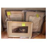 Three framed PCs art - horse scene 17"x11" & two r