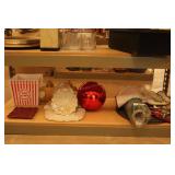 Shelf lot: popcorn boxes, Christmas bulb, decorati