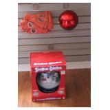 happy Holidays snow globe, orange curtains and XL