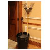 Trash cans, measurer & rake