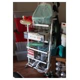 Five shelf metal storage cabinet on wheels with co