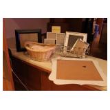 Four frame, metal basket, peg board and wicker bas