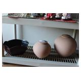 Clay pottery lidded jars & metal center dish