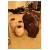 Two metal canisters 24", 17" & three ceramic vases