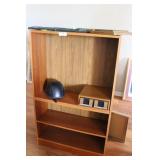 4 shelf wood bookshelf with motorcycle helmet & Ca