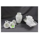 Five pcs Milk glass: Swan covered dish, three