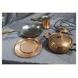Three pcs hand hammered copper: pan, fondue &