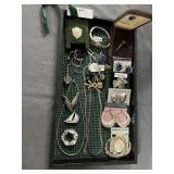 Sterling tray lot: earrings, brooch, necklaces &