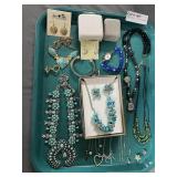 Tray costume jewelry: turquoise necklaces, stone