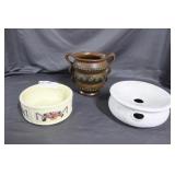 Three pcs porcelain: Handled vase, floral bowl, &