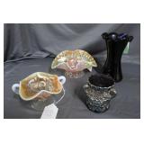 Four pcs carnival glass: Ruffle top bowls, tree