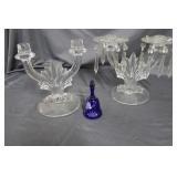 Pair pressed glass candlesticks & cobalt bell