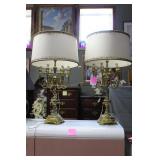 Pr. Ornate solid brass lamps w/ shades, 38"h