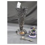 Silverplate bud vase, silver whistle & enamel