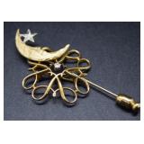 10KT Star & Moon stick pin & diamond brooch